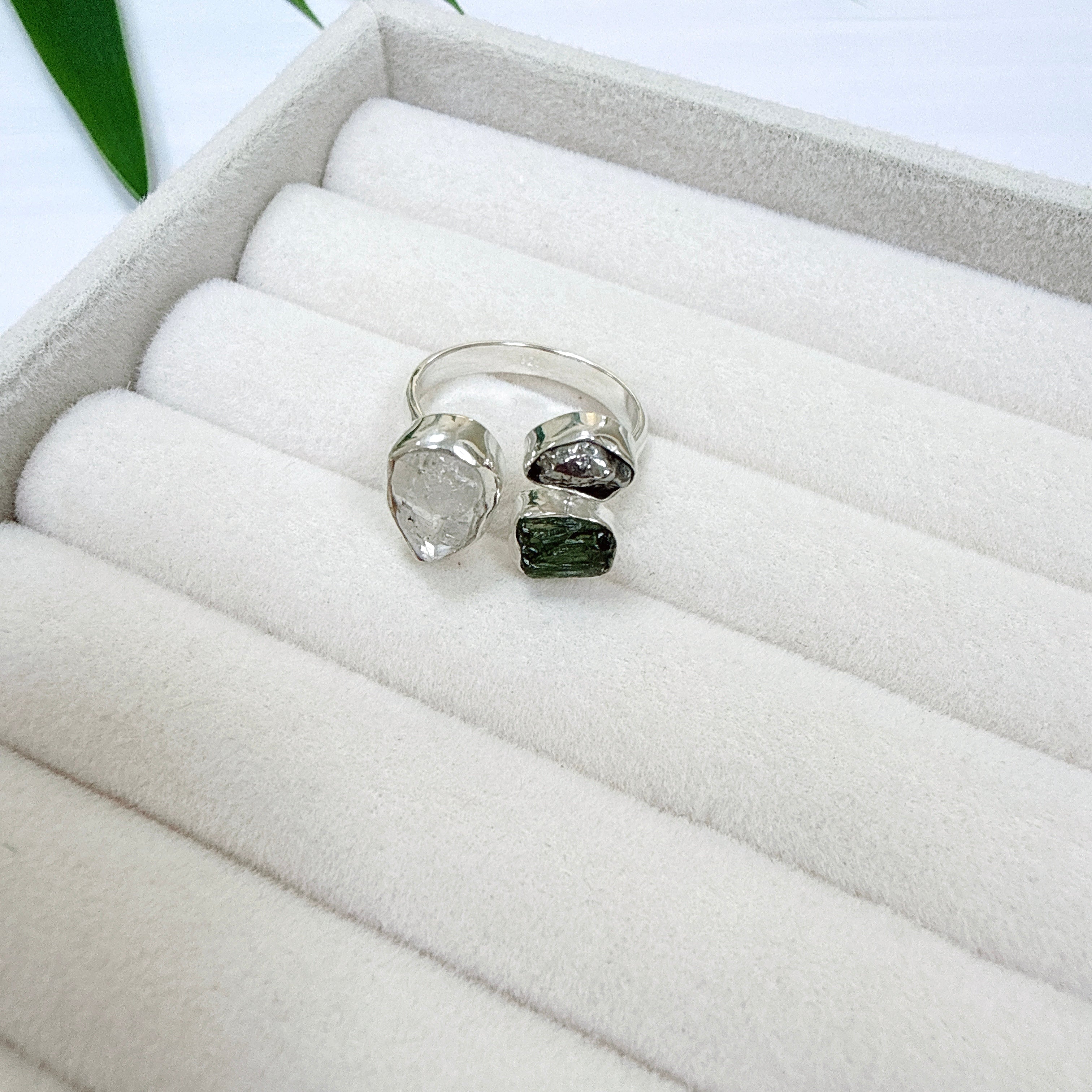Moldavite, Herkimer Diamond & Meteorite Campo del Cielo Ring