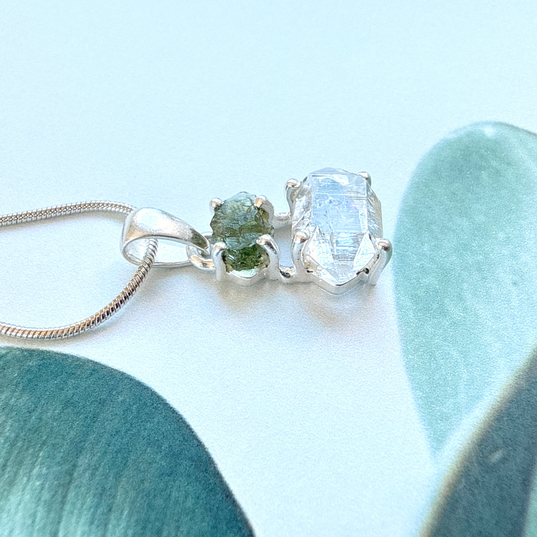 MOLDAVITE & HERKEMIER DIAMOND PENDANT