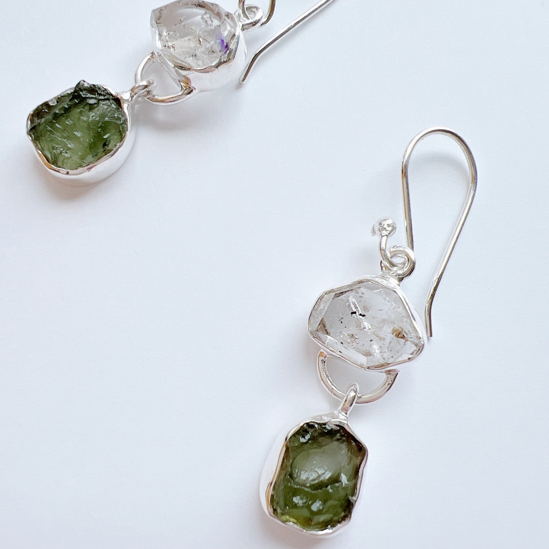 Moldavite & Herkemir Diamond Earrings