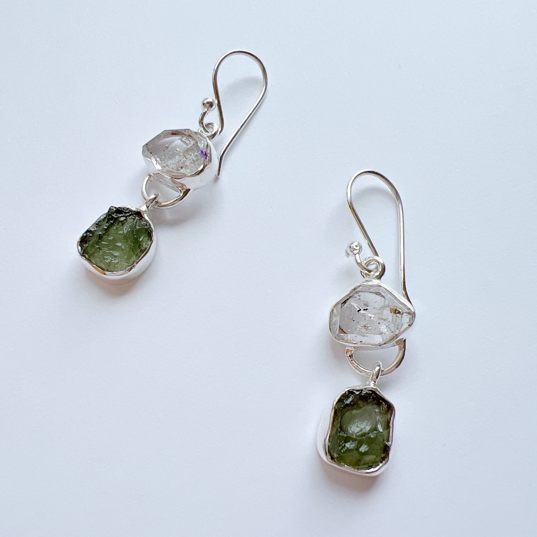 Moldavite & Herkemir Diamond Earrings