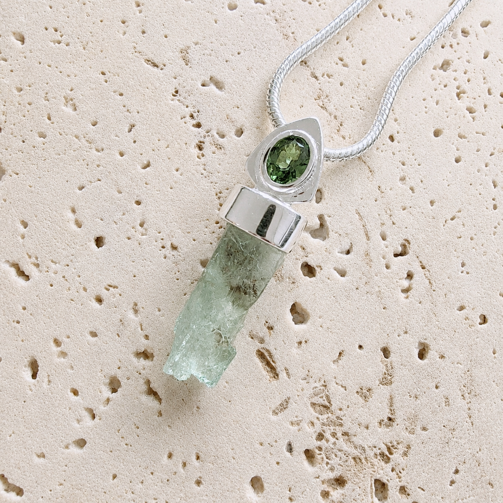 Designer Aquamarine & Faceted Moldavite Pendant