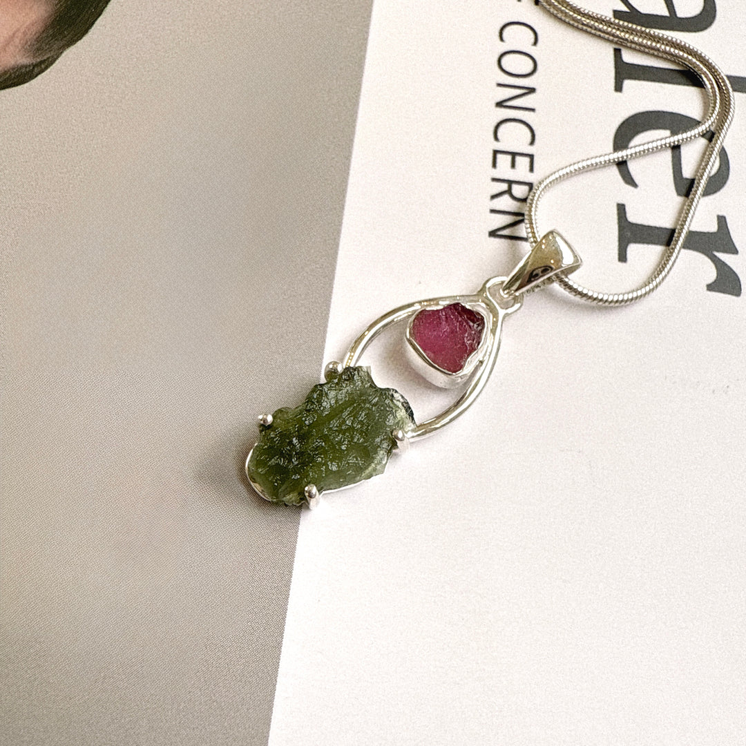Moldavite & Pink Tourmaline Pendant