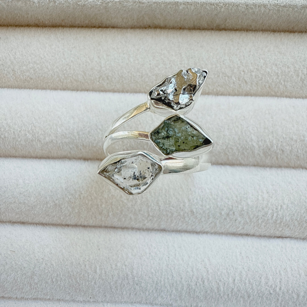 MOLDAVITE, HERKIMER DIAMOND & CAMPO DEL CIELO RING