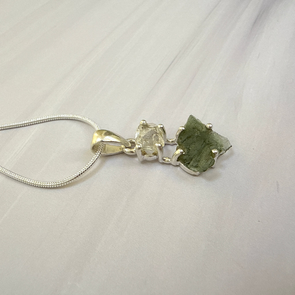 MOLDAVITE & HERKEMIER DIAMOND PENDANT