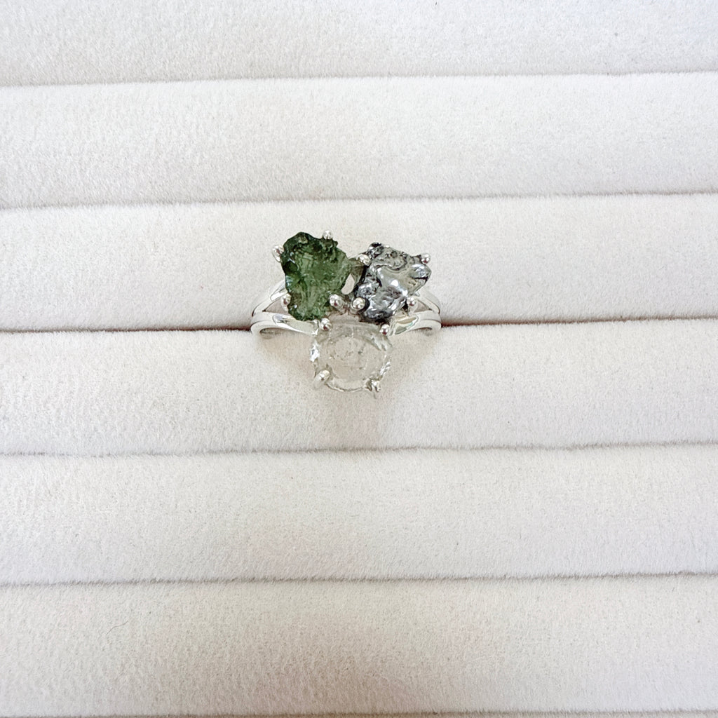 Moldavite, Herkimer Diamond & Meteorite Campo del Cielo Ring