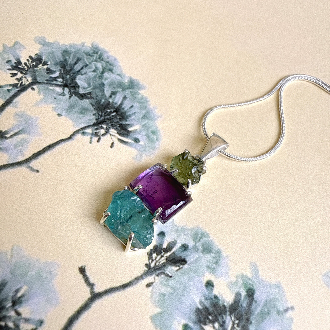 Moldavite, Amethyst & Neon Blue Apatite Pendant
