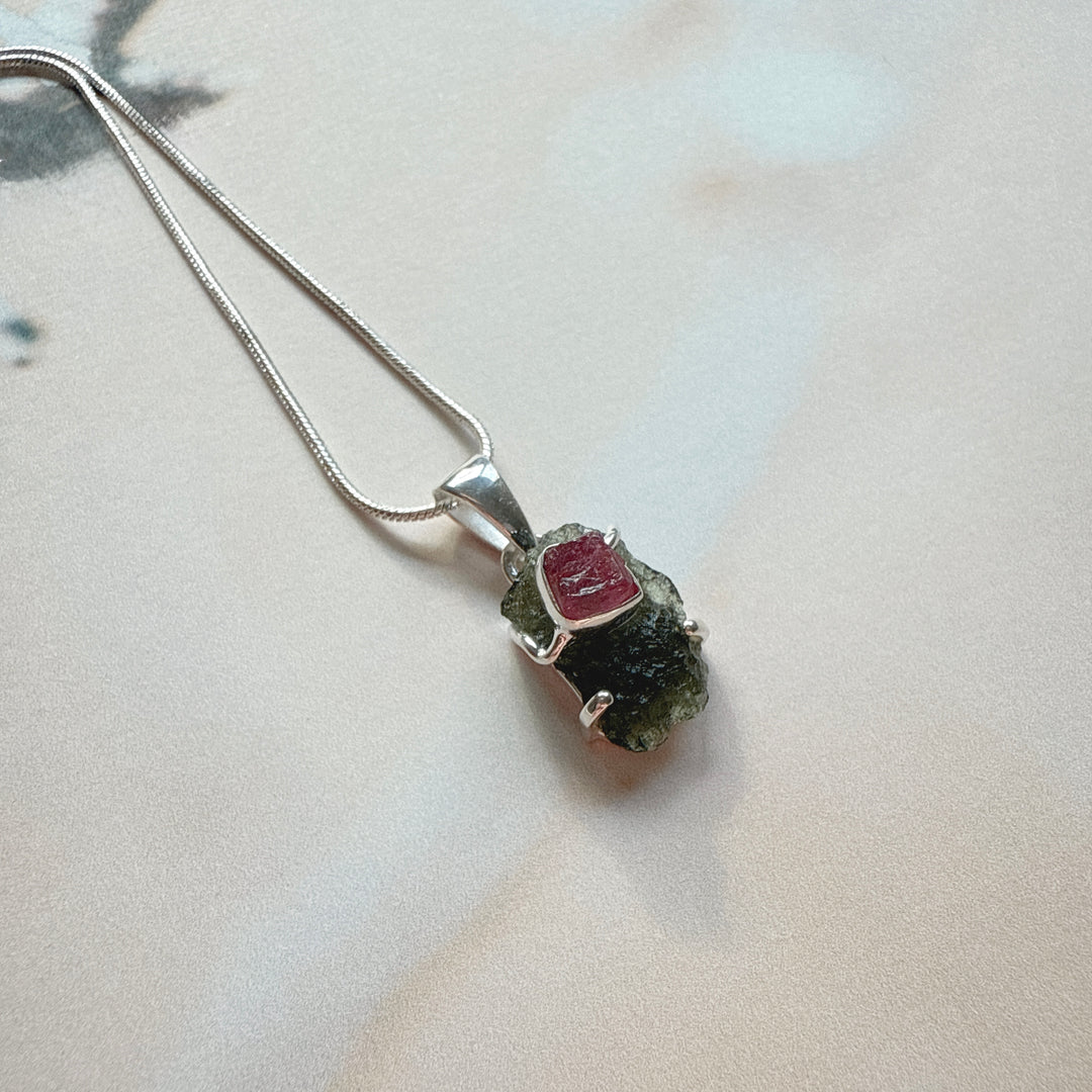 Moldavite & Pink Tourmaline Pendant