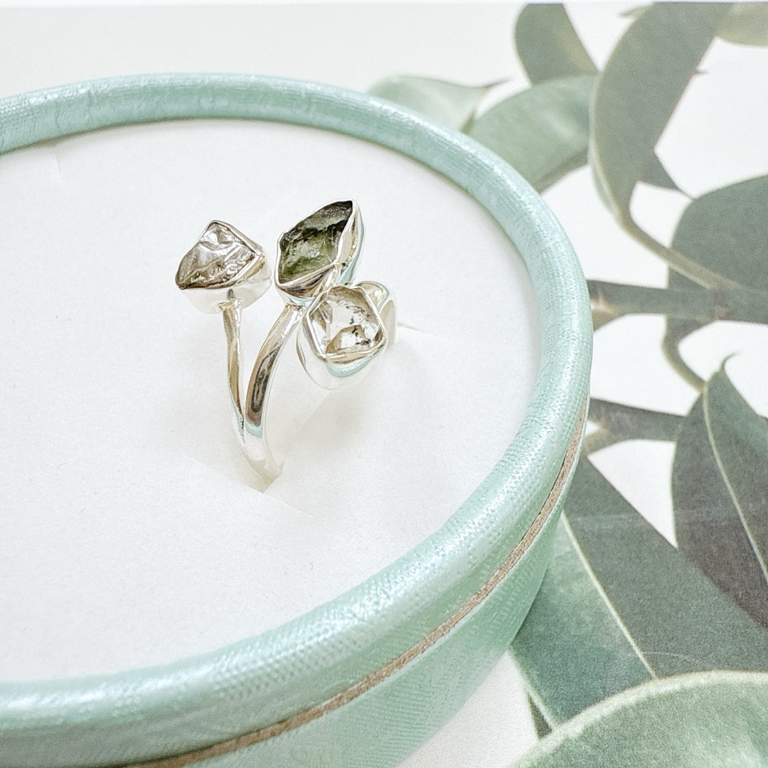 MOLDAVITE, HERKIMER DIAMOND & CAMPO DEL CIELO RING