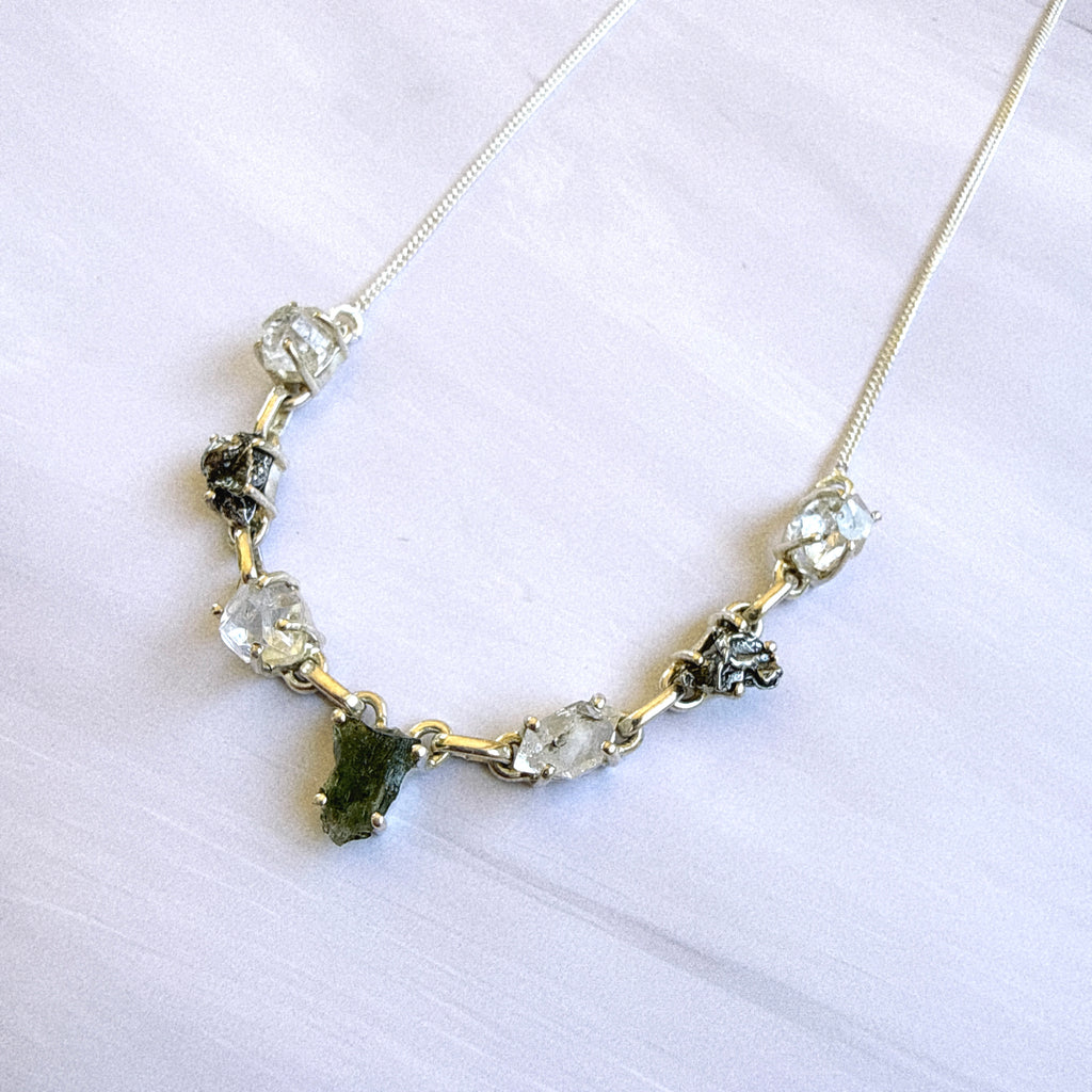 Moldavite, Herkimer Diamond & Meteorite Campo Del Cielo Necklace