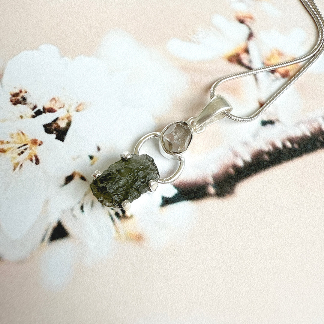 MOLDAVITE & HERKEMIER DIAMOND PENDANT