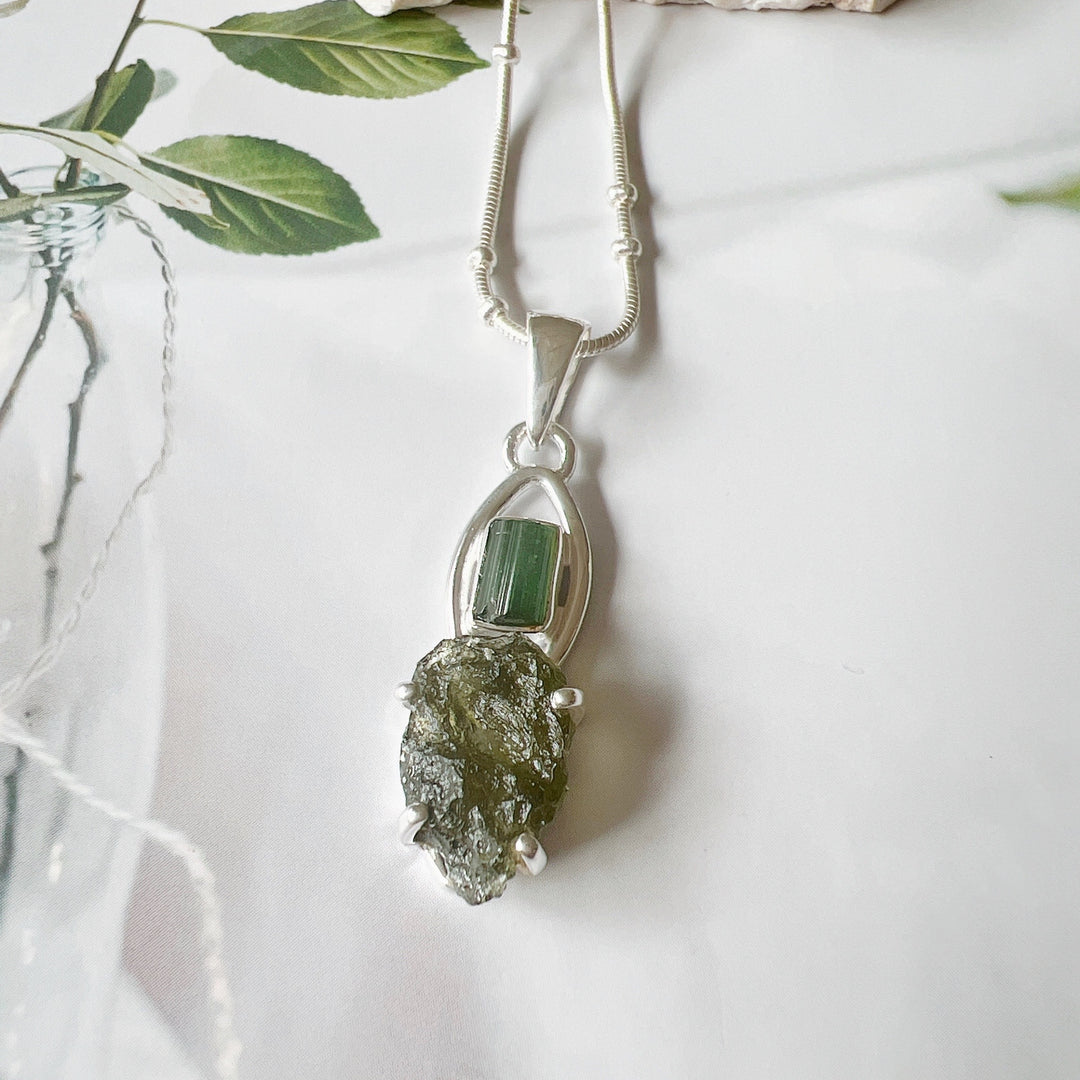 Moldavite & Green Tourmaline Pendant