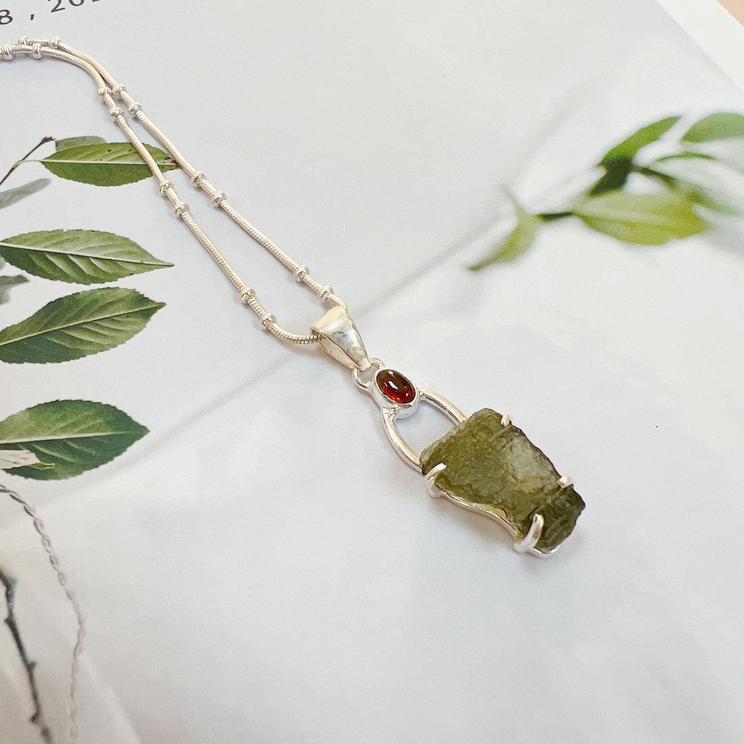 Moldavite & Garnet Pendant