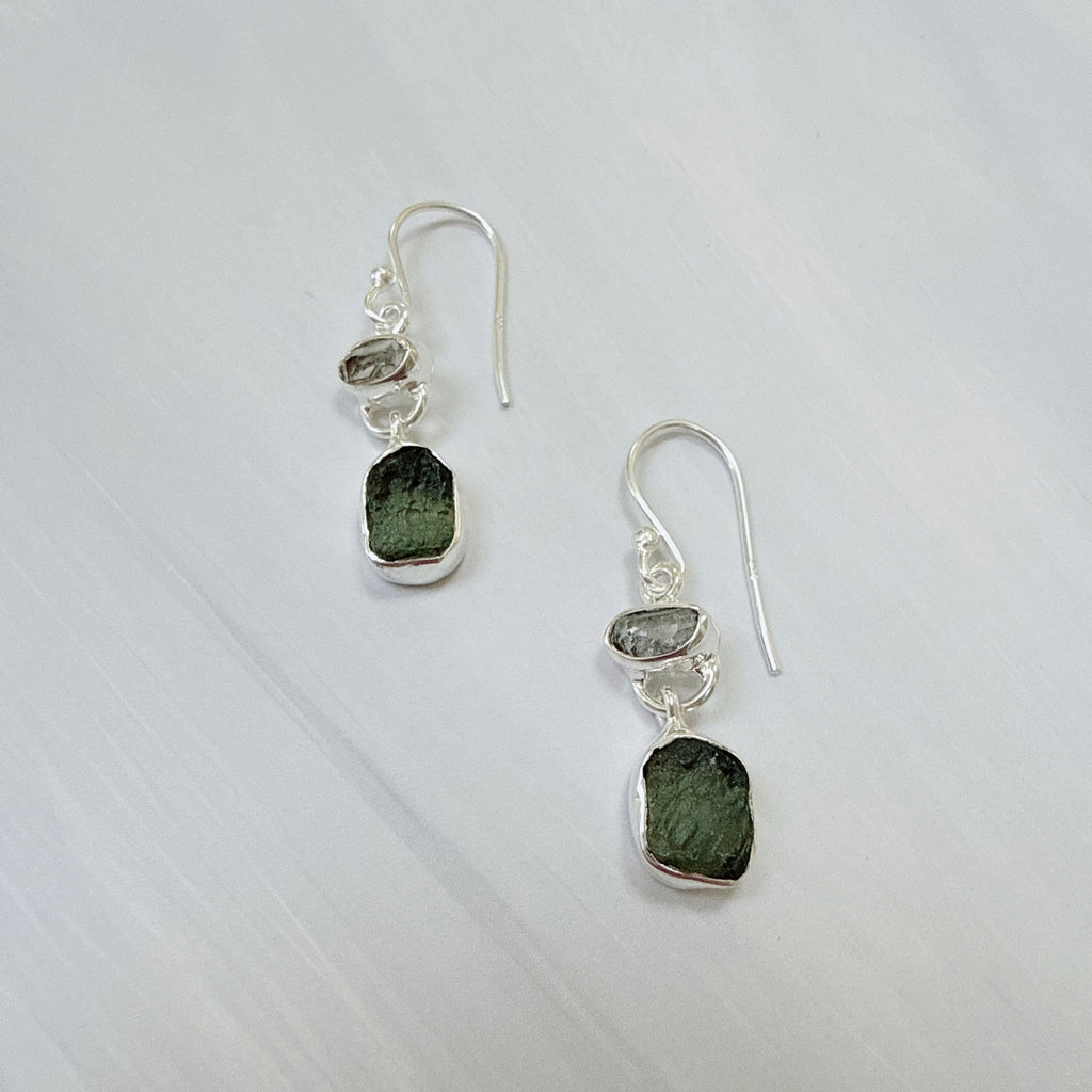 Moldavite & Herkimer Diamond Earrings