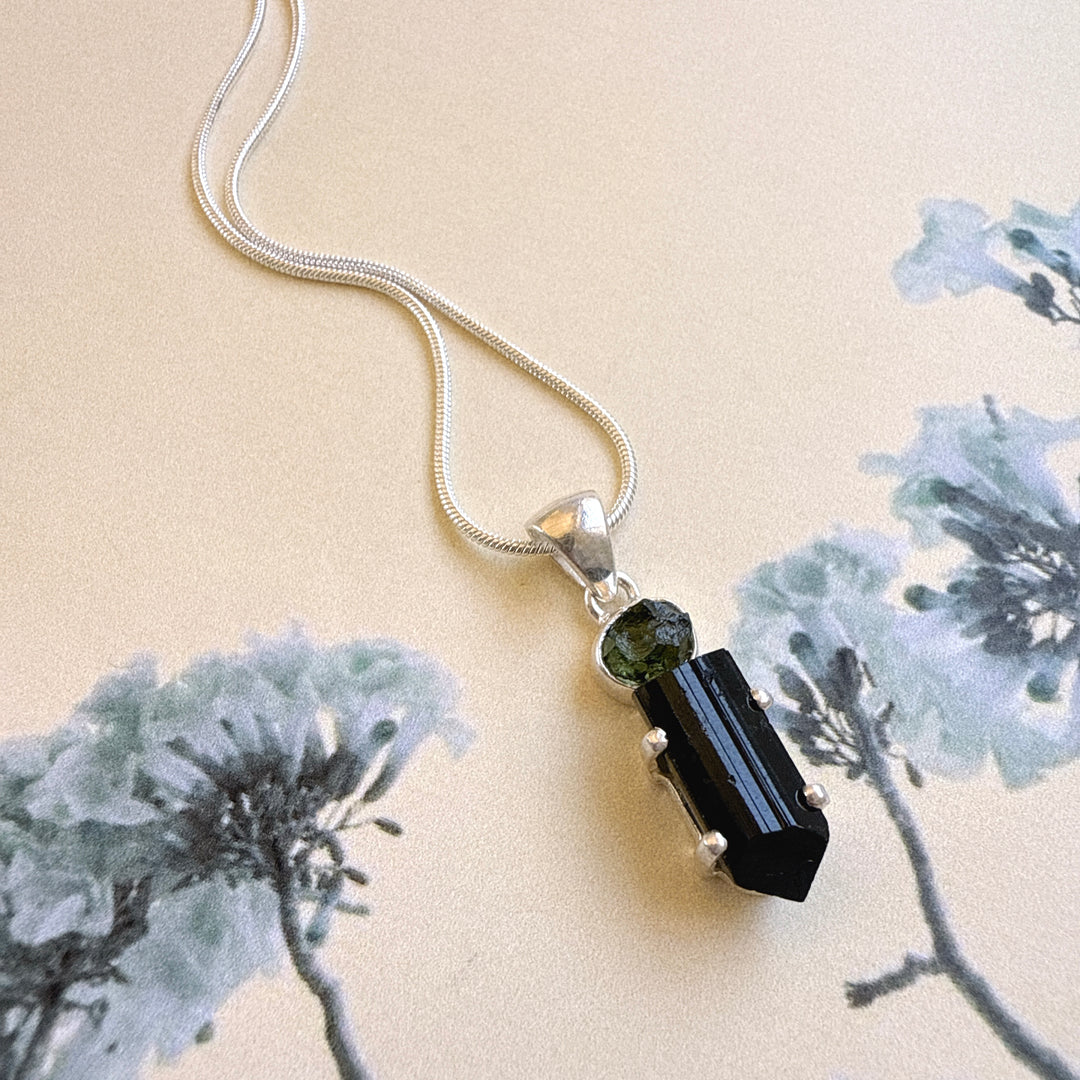 Moldavite & Black Tourmaline Pendant