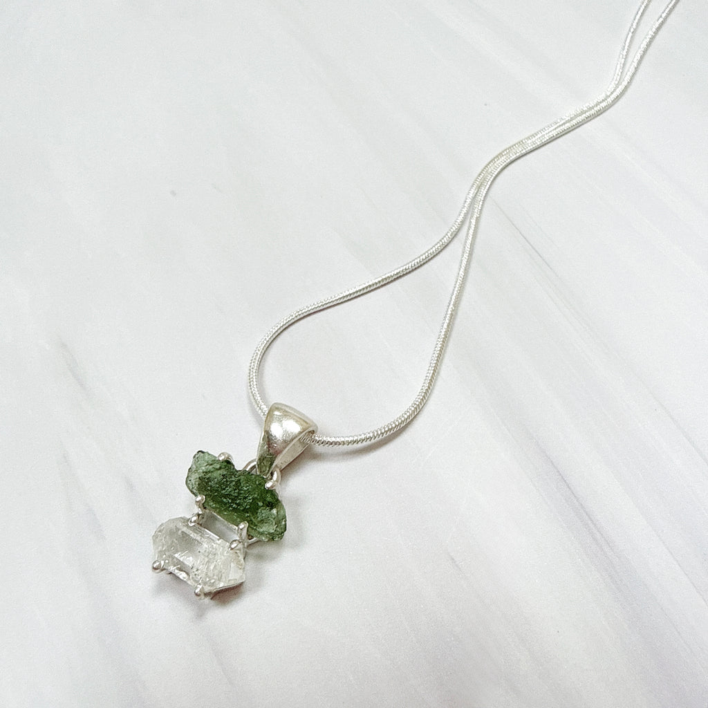MOLDAVITE & HERKEMIER DIAMOND PENDANT