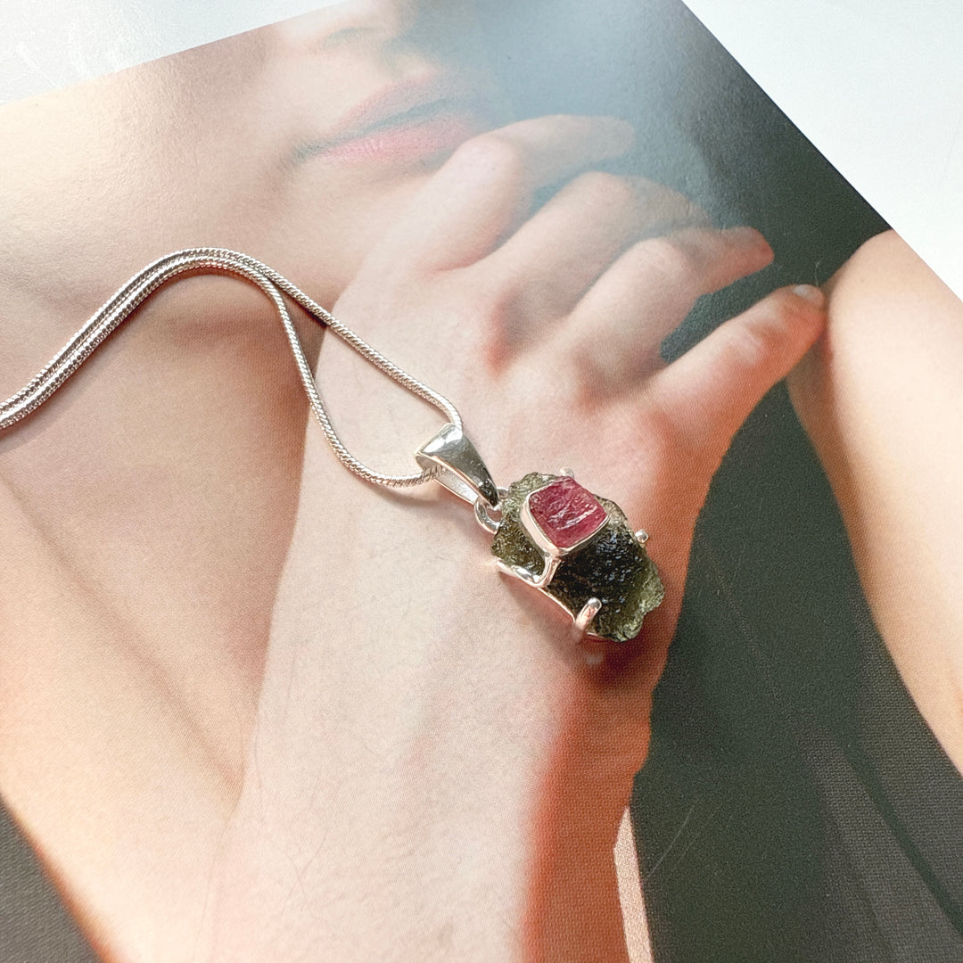 Moldavite & Pink Tourmaline Pendant