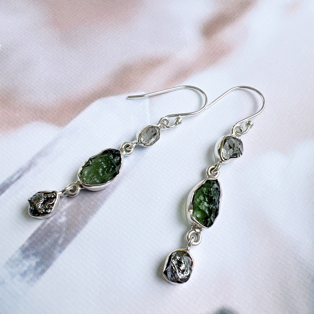 Moldavite, Campo del Cielo & Herkimer Diamond Earrings