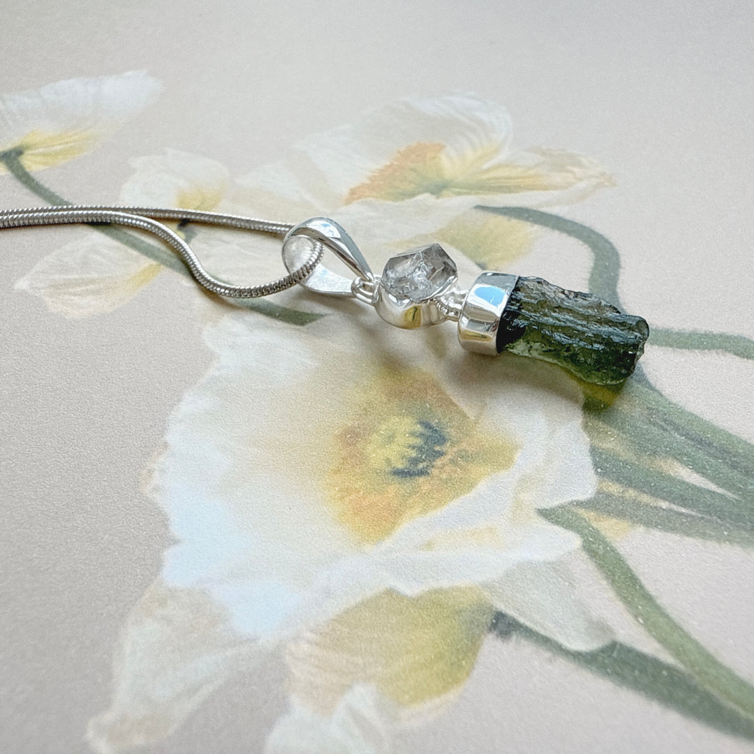 MOLDAVITE & HERKEMIR DIAMOND PENDANT