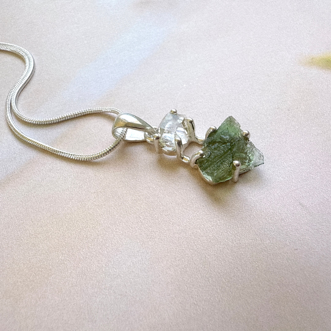 MOLDAVITE & HERKEMIER DIAMOND PENDANT