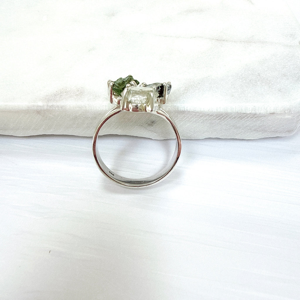 Moldavite, Herkimer Diamond & Meteorite Campo del Cielo Ring
