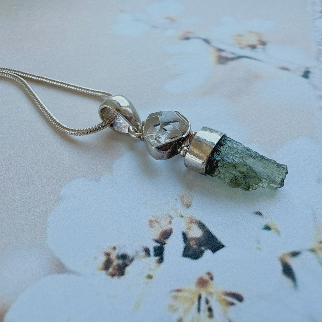 MOLDAVITE & HERKEMIR DIAMOND PENDANT