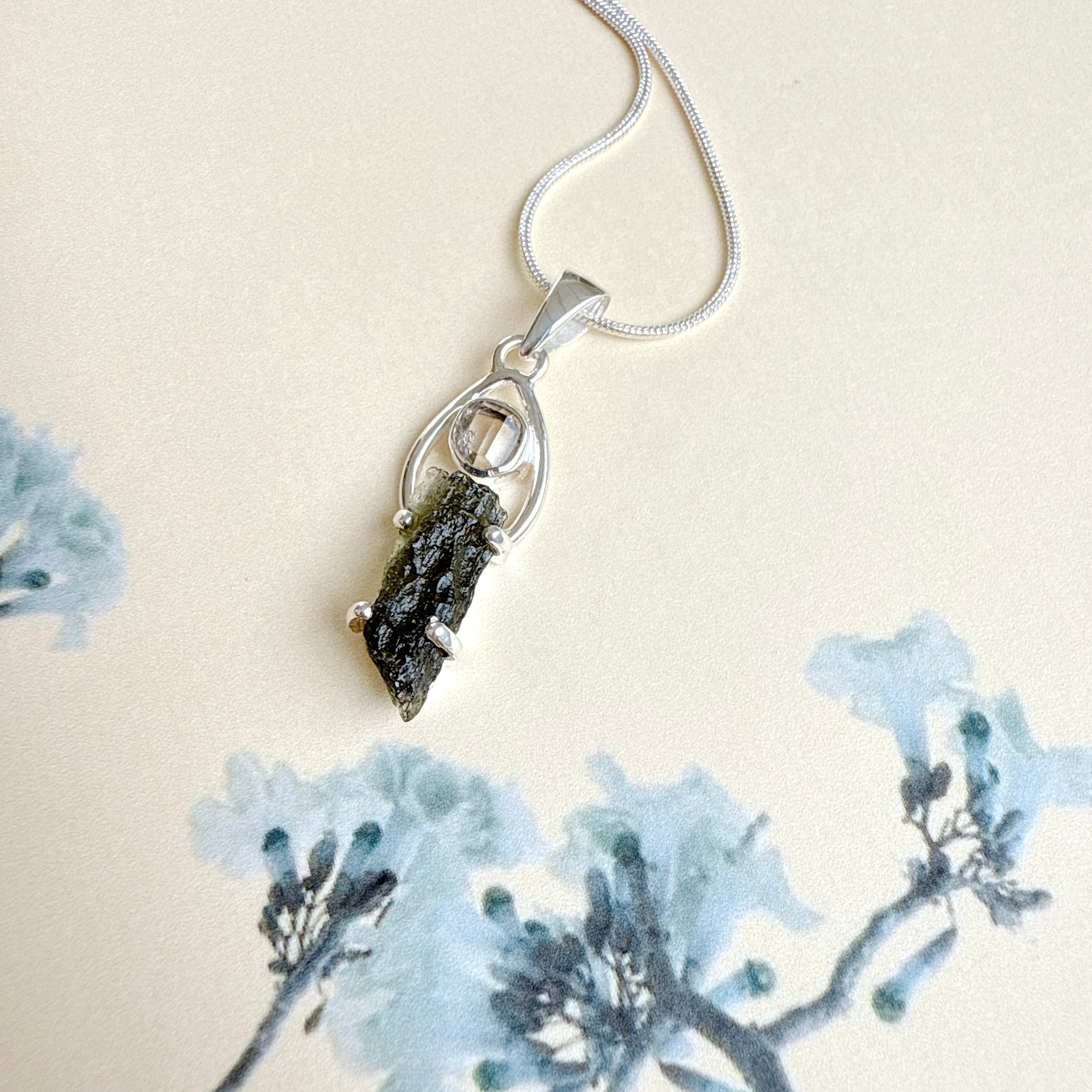 Moldavite & Herkimer Pendant