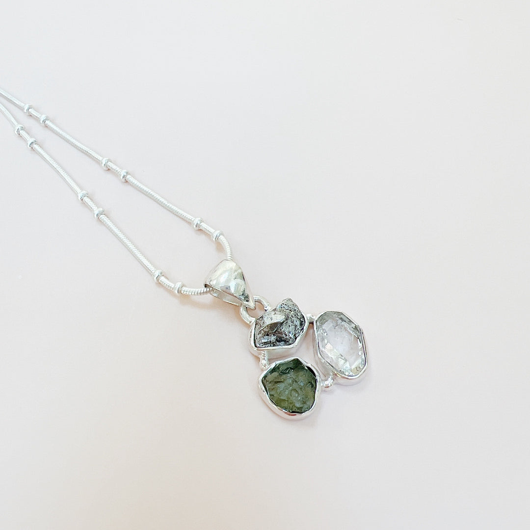 MOLDAVITE, HERKEMIR DIAMOND AND CAMPO DEL CIELO PENDANT