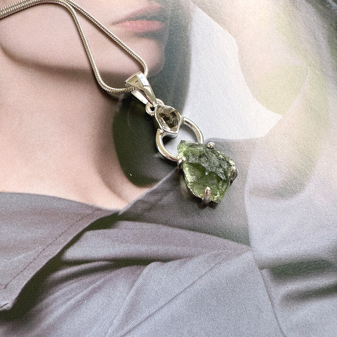 Moldavite & Herkimer Pendant