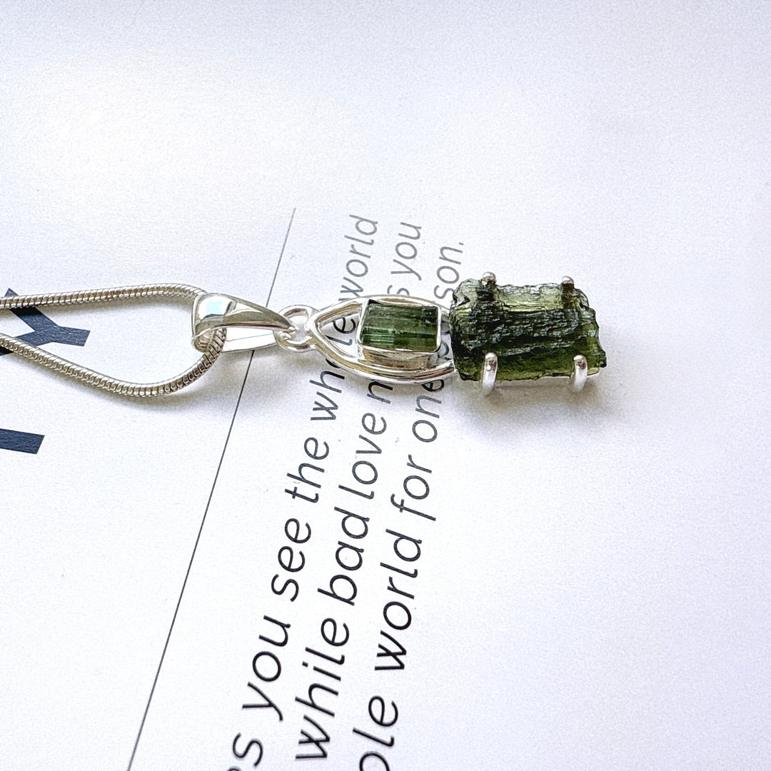 Moldavite & Green Tourmaline Pendant