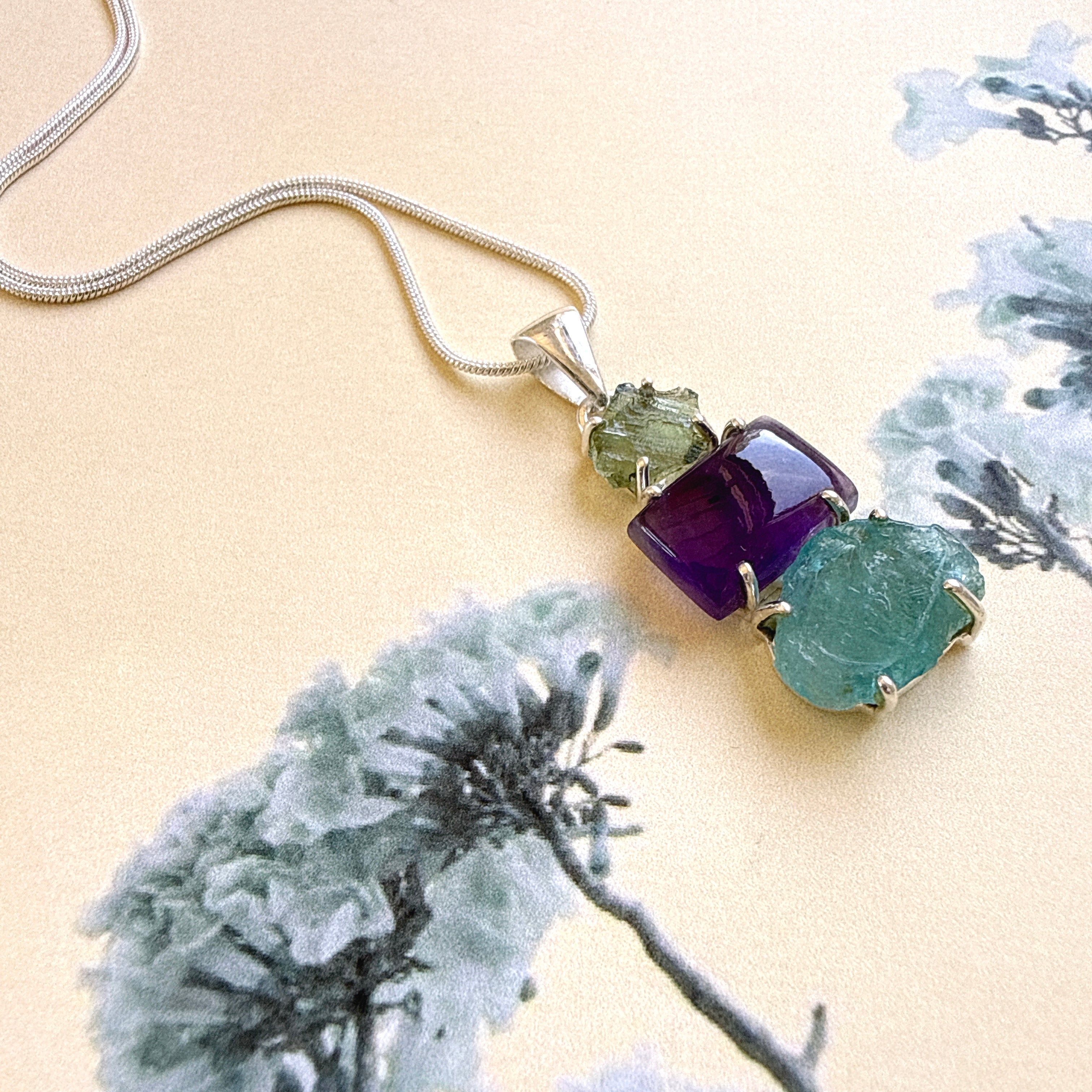 Moldavite, Amethyst & Neon Blue Apatite Pendant