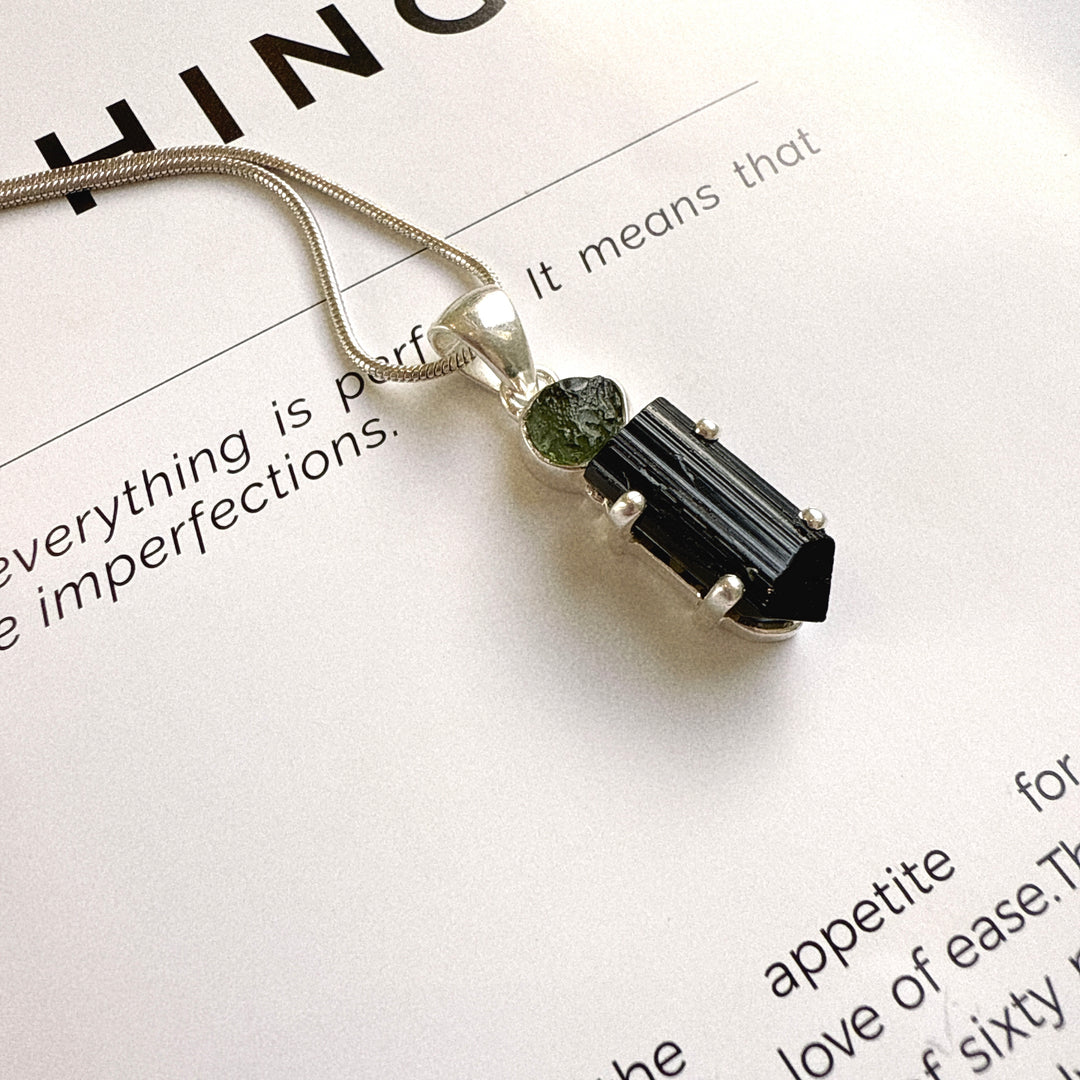 Moldavite & Black Tourmaline Pendant