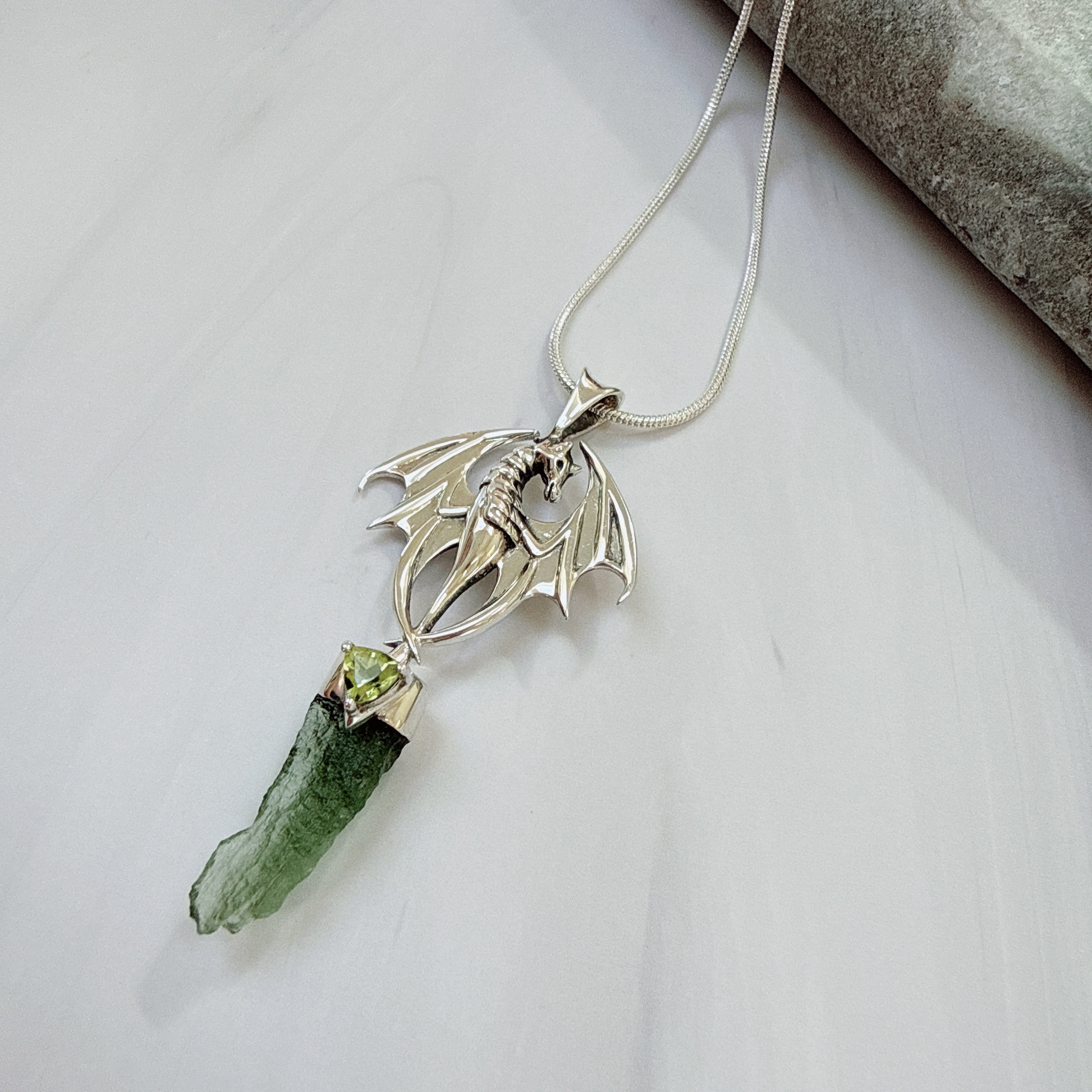 Dragon, Moldavite & Peridot Faceted Pendant
