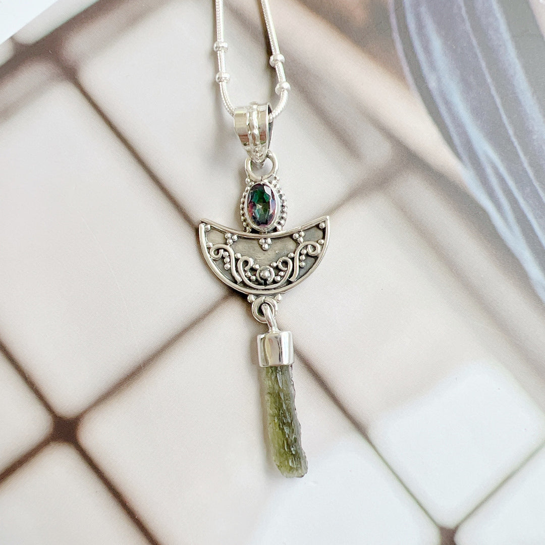 Moldavite & Rainbow Quartz Pendant