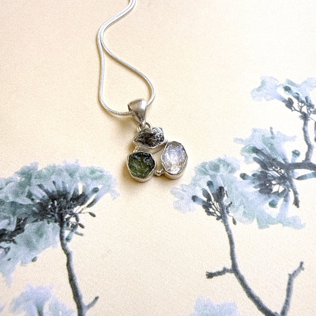 Moldavite, Herkimer Diamond & Campo del Cielo Meteorite Pendant