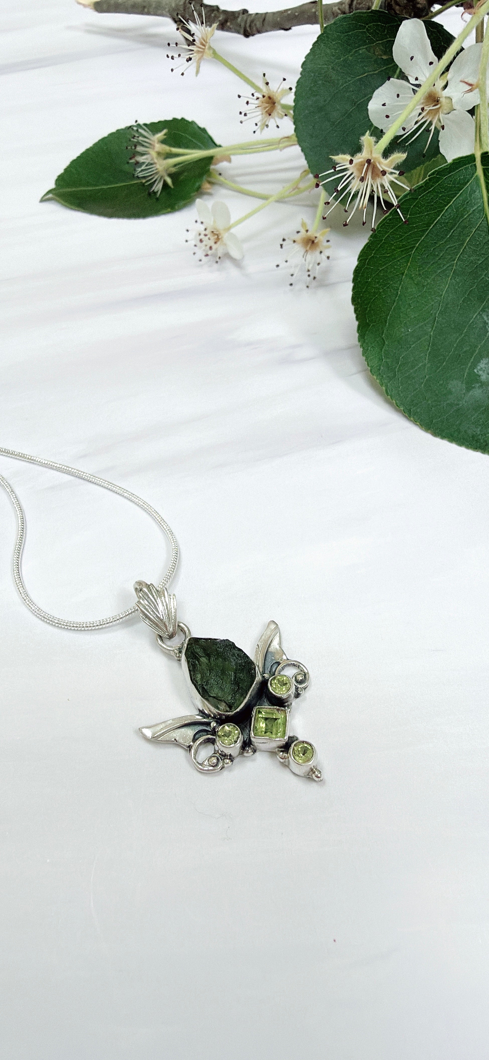 Moldavite & Peridot Faceted Pendant