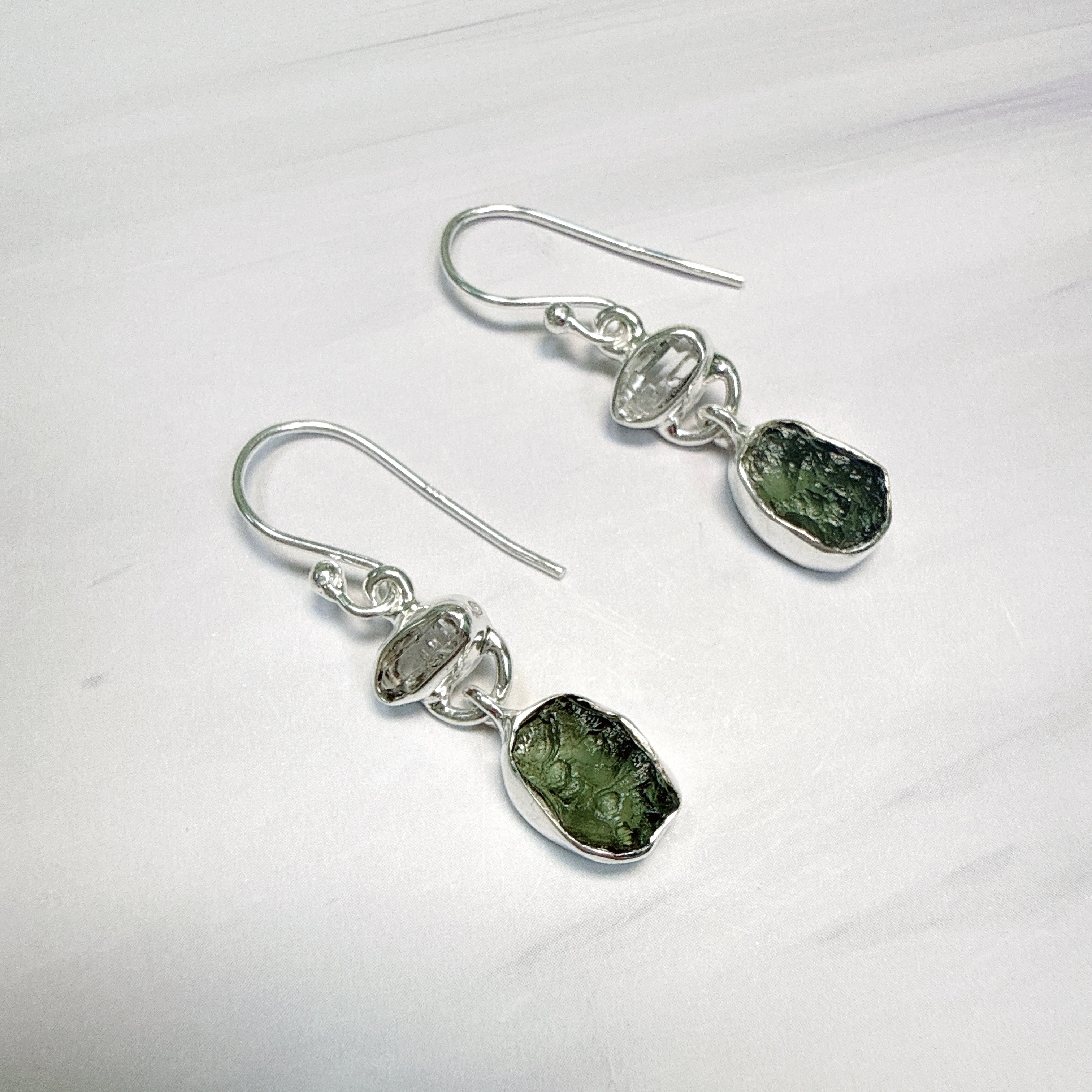 Moldavite & Herkimer Diamond Earrings