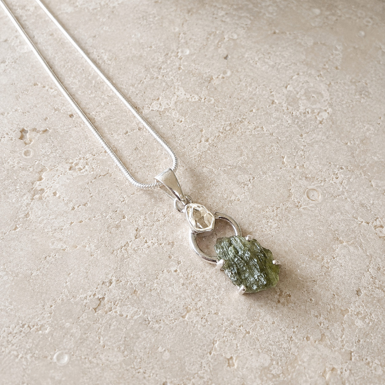 Moldavite with Herkimer Diamond Pendant