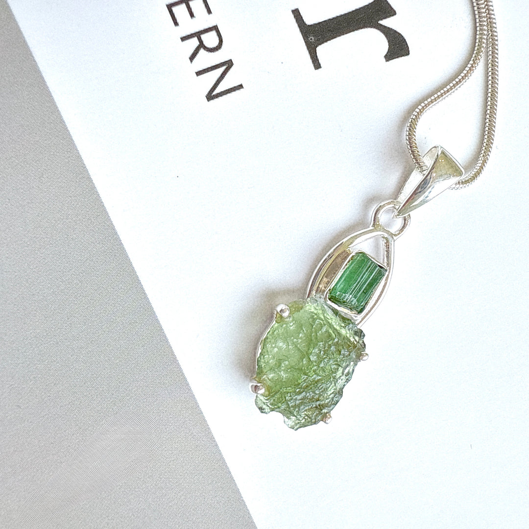 Moldavite & Green Tourmaline Pendant