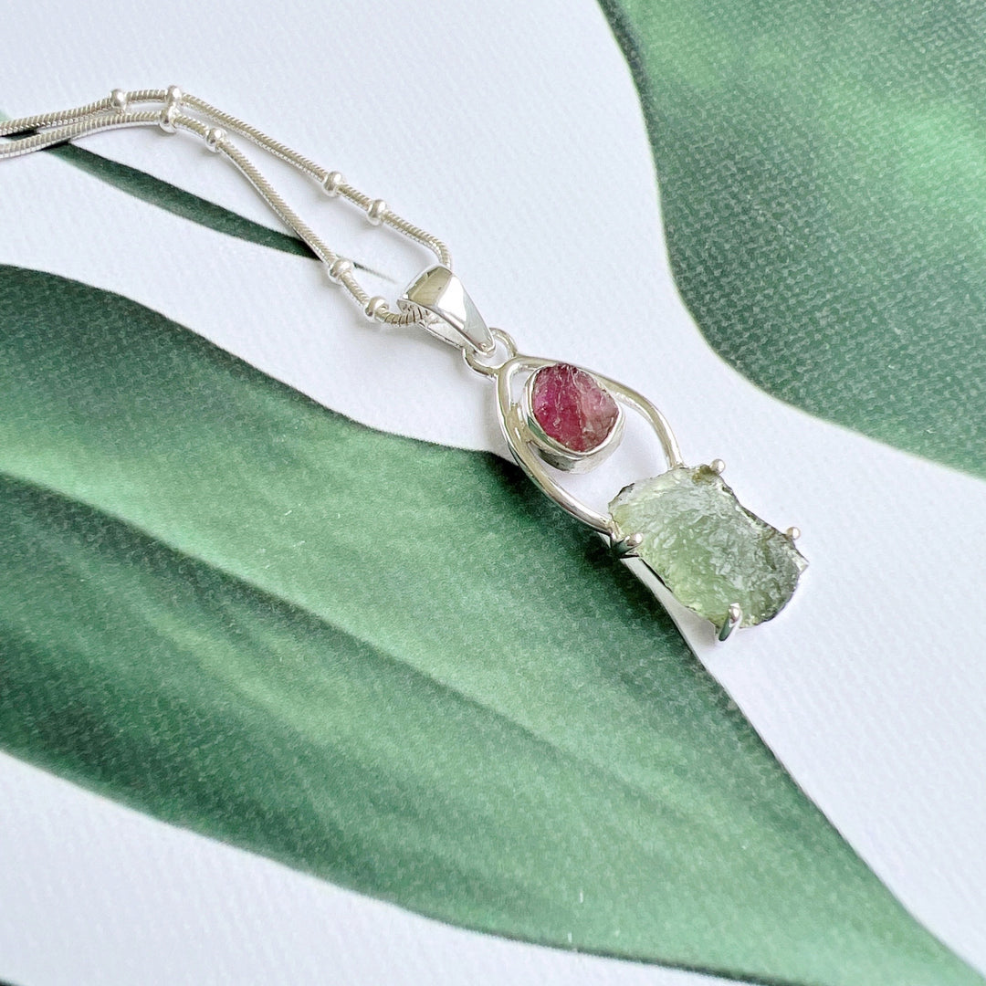 Moldavite & Pink Tourmaline Pendant