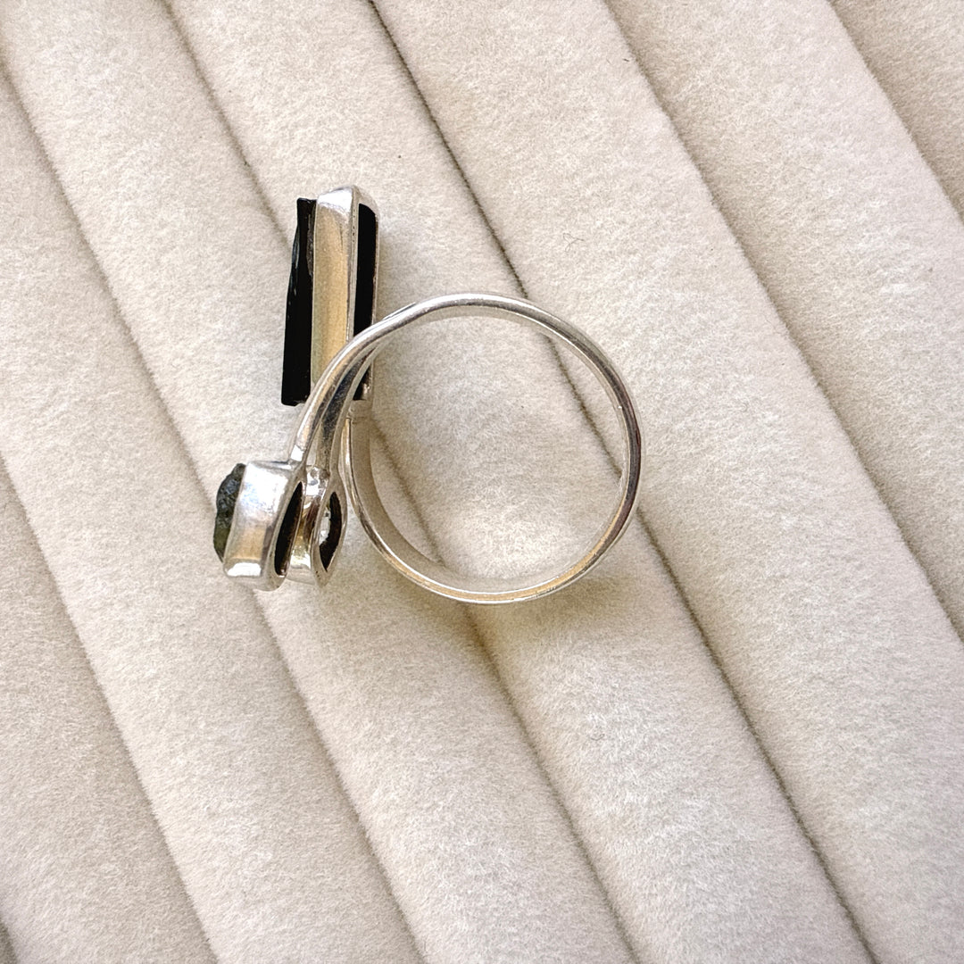 Moldavite, Herkimer & Black Tourmaline Ring