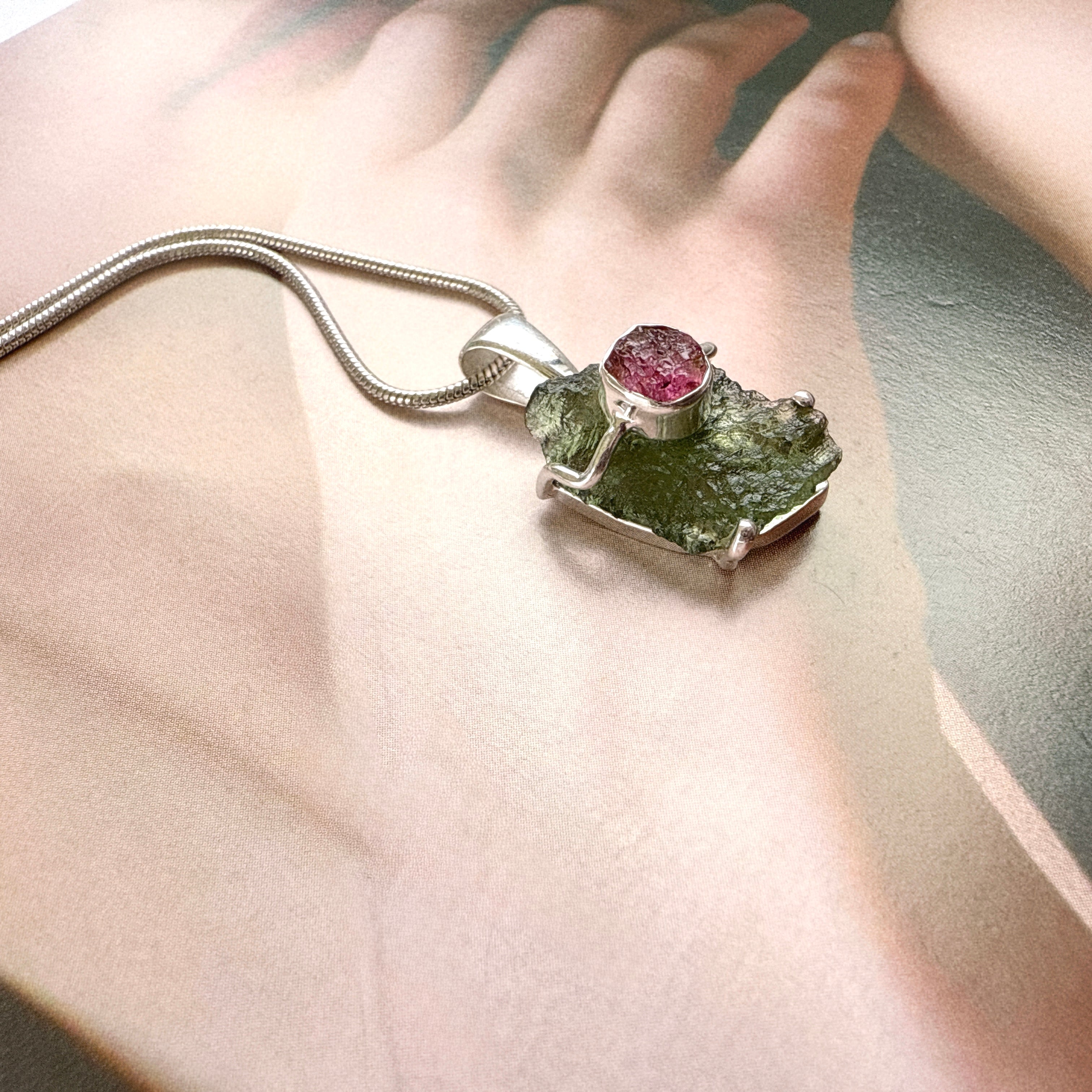Moldavite & Pink Tourmaline Pendant