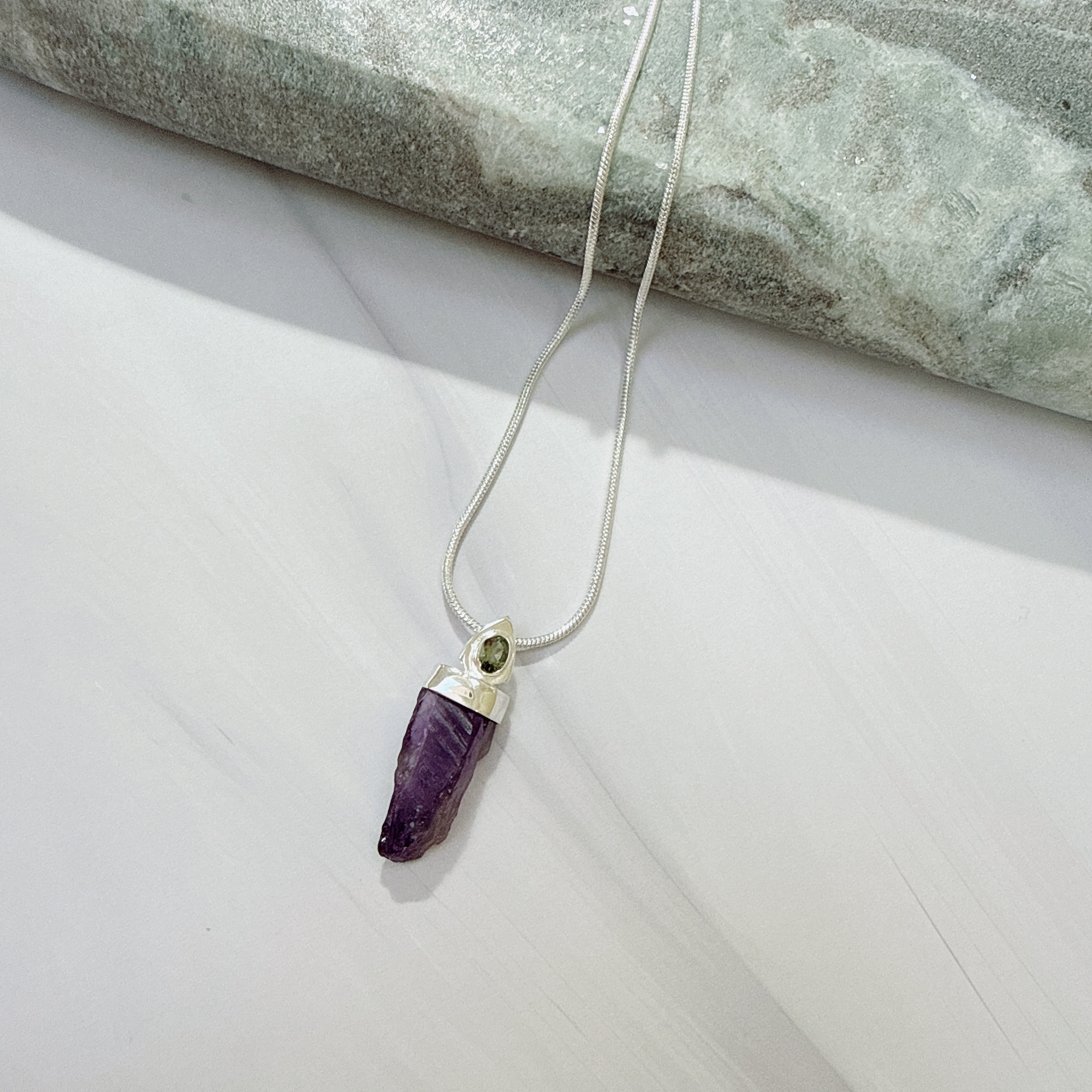Designer Amethyst & Faceted Moldavite Pendant