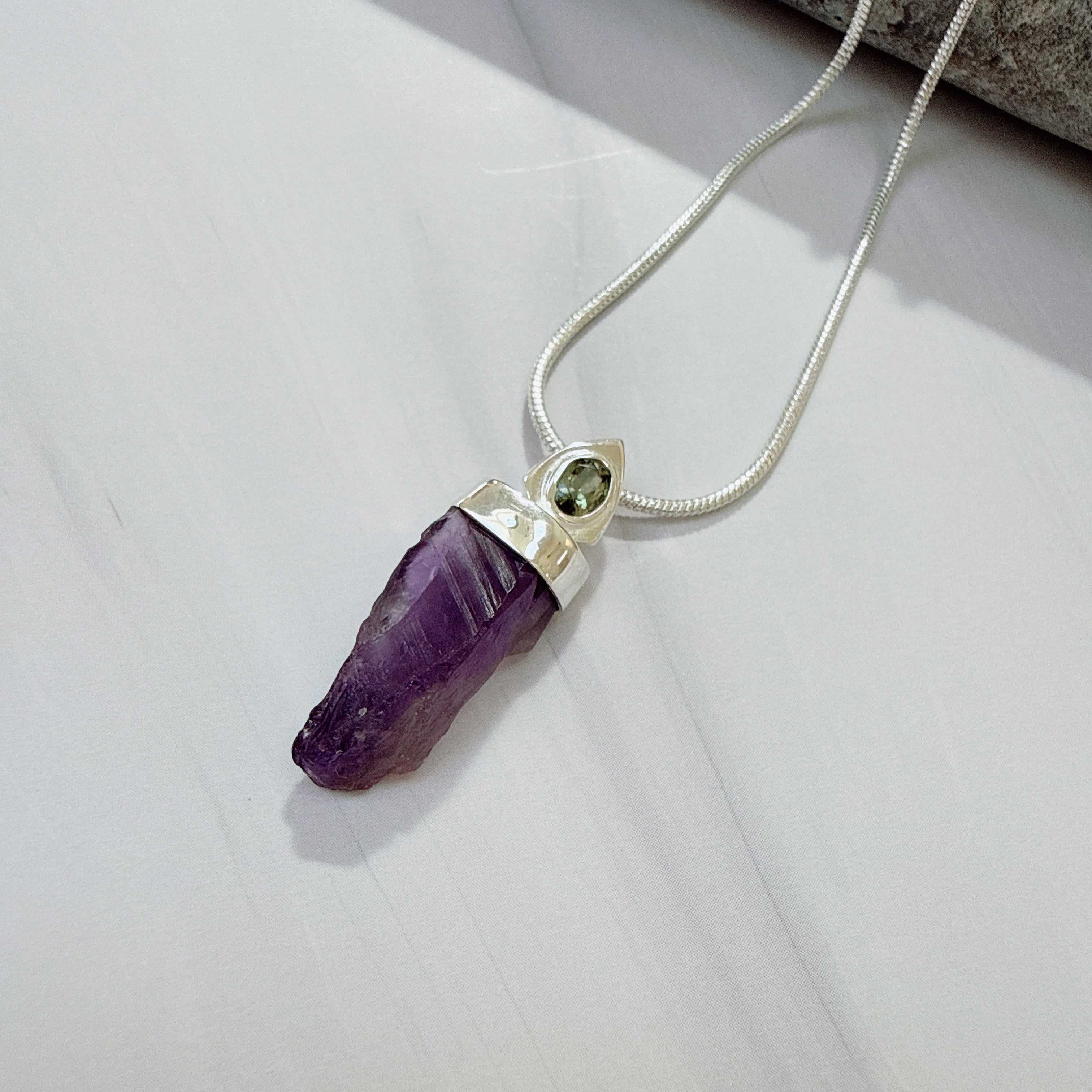 Designer Amethyst & Faceted Moldavite Pendant