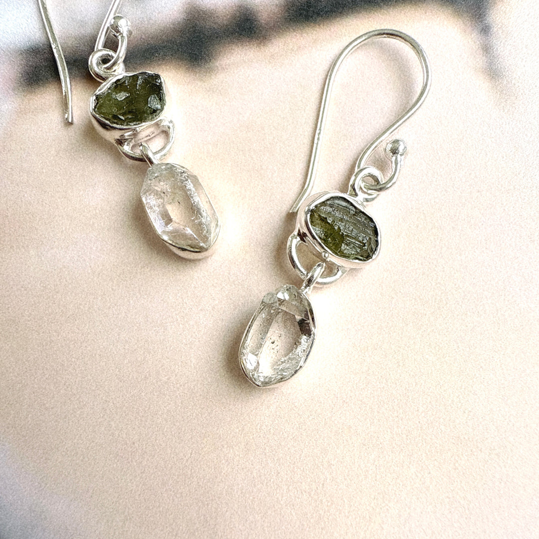 Moldavite & Herkemir Diamond Earrings