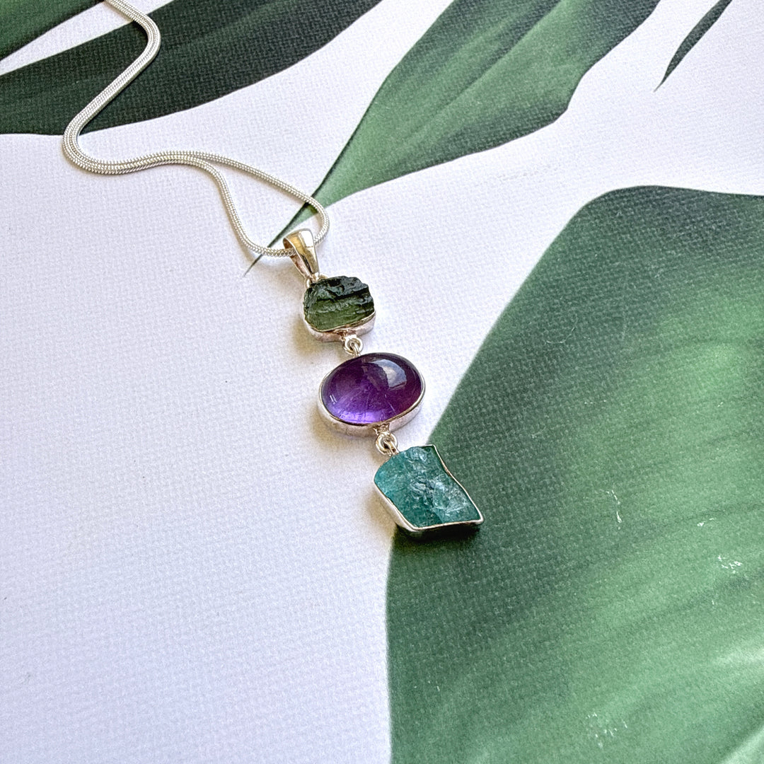 Moldavite, Amethyst & Neon Blue Apatite Pendant