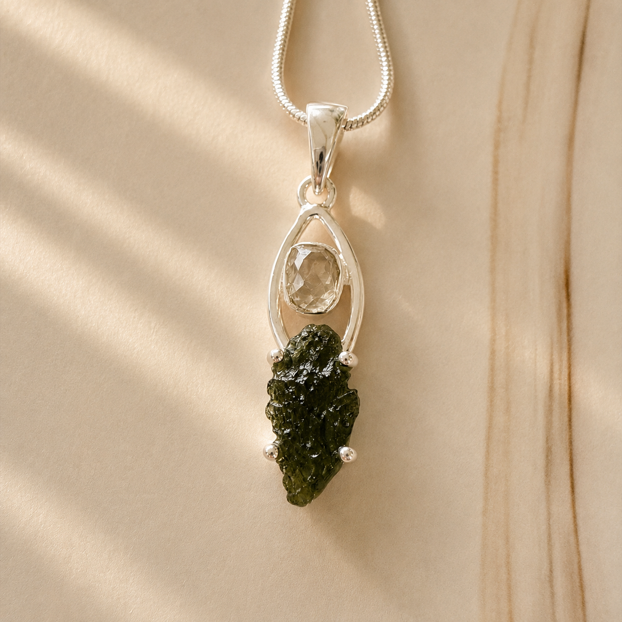 Moldavite with Herkimer Diamond Pendant