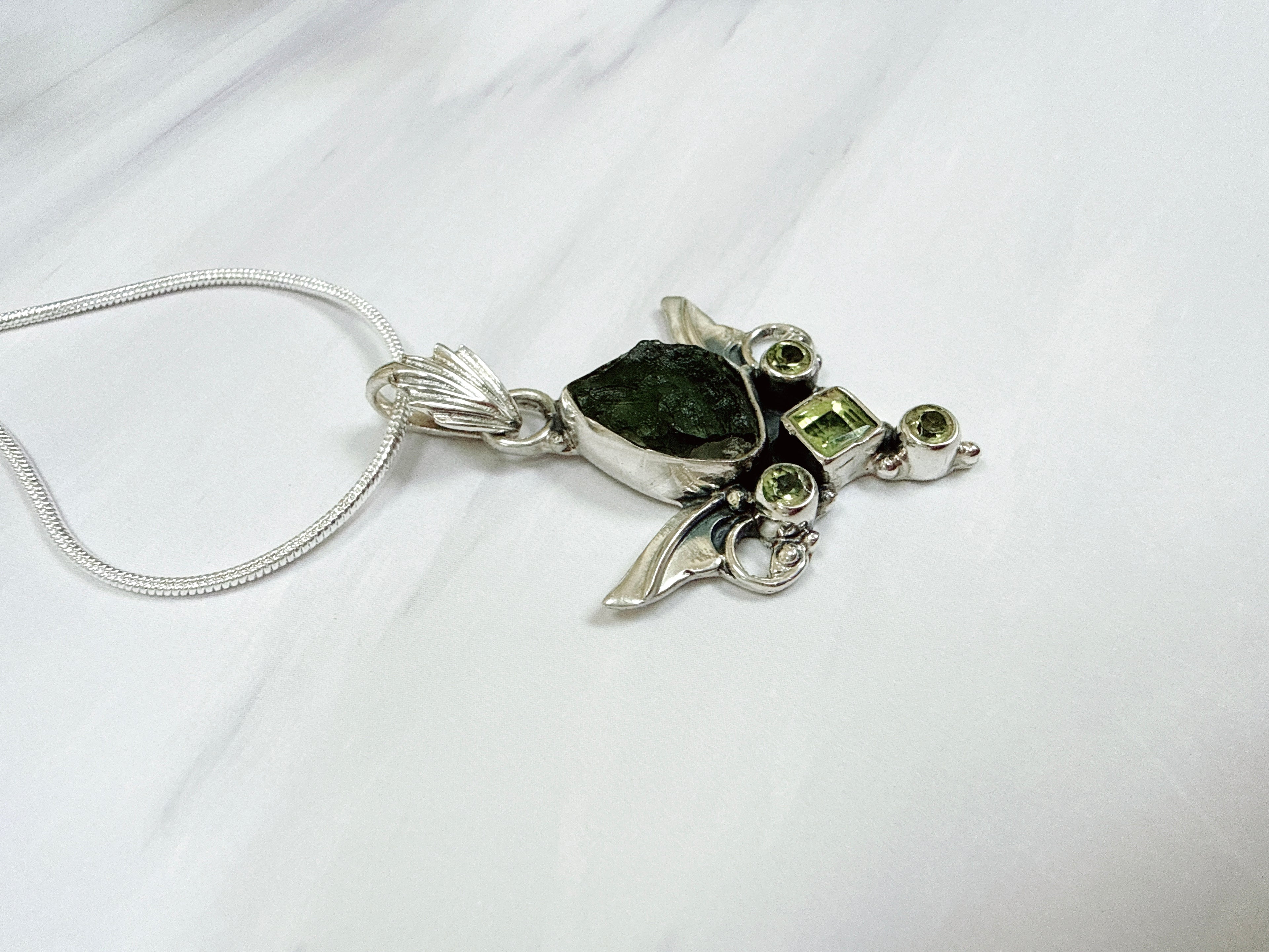Moldavite & Peridot Faceted Pendant
