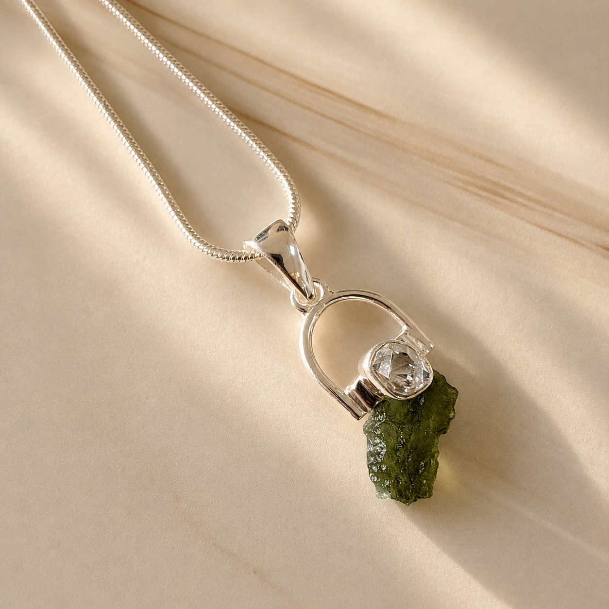 Moldavite with Herkimer Diamond Pendant