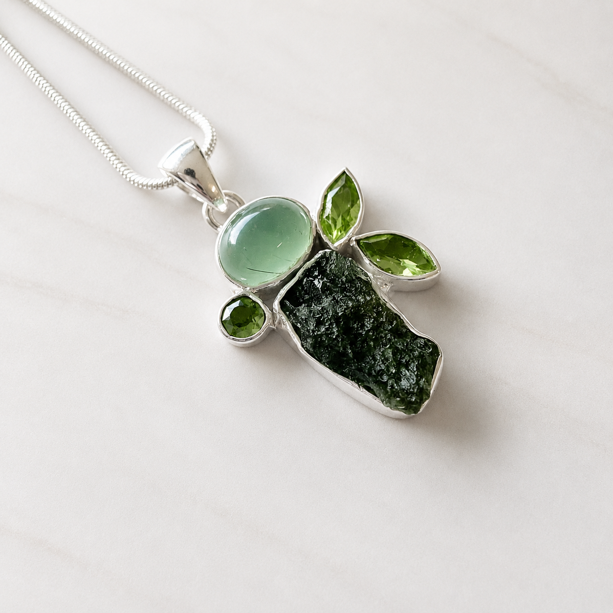 Designer – Moldavite, Prehnite & Peridot Faceted Pendant