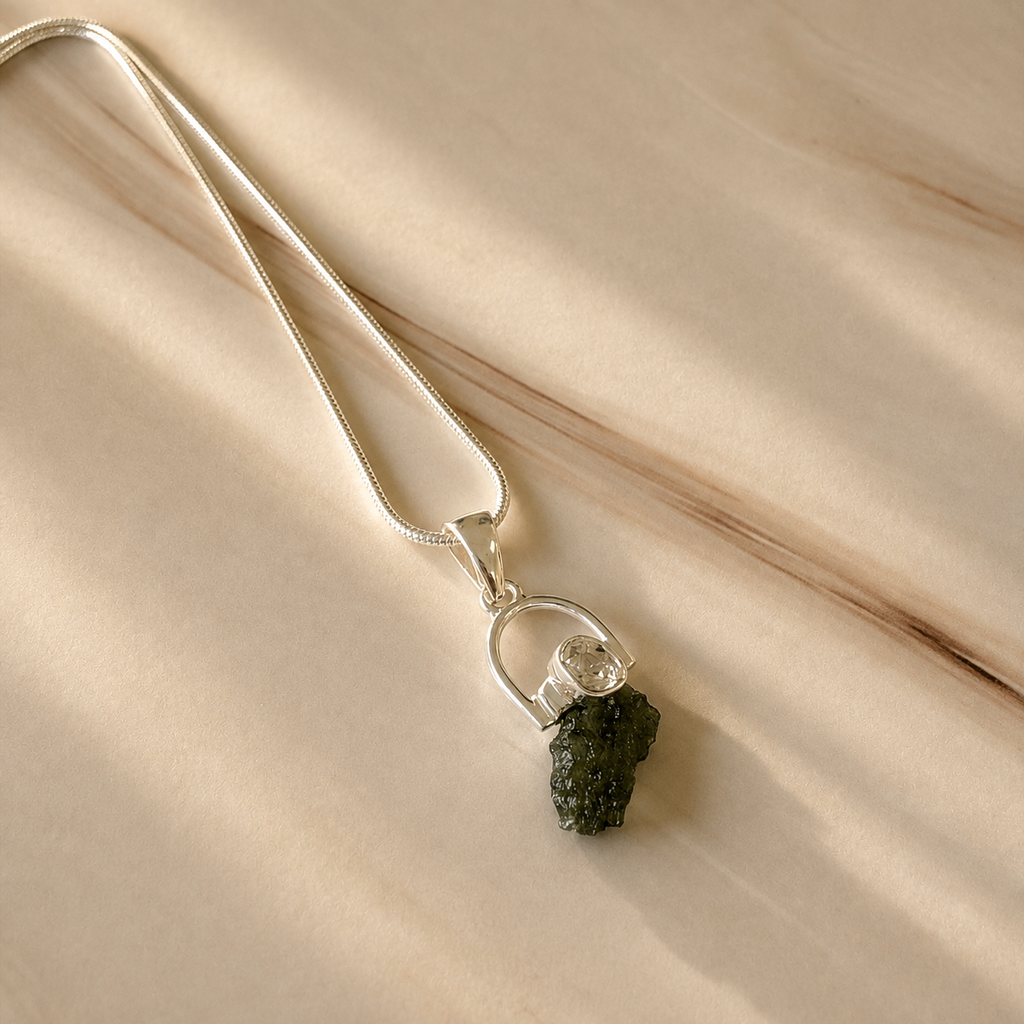 Moldavite with Herkimer Diamond Pendant